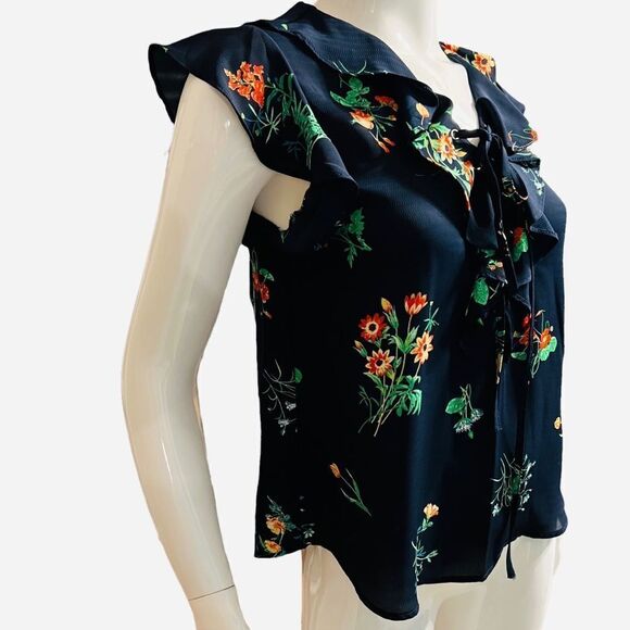 MINE Navy Blue Floral Lace-up-Front Blouse with Cap Sleeve size Small - Picture 2 of 5
